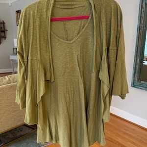 Olive Green Open Cardigan and Top Set